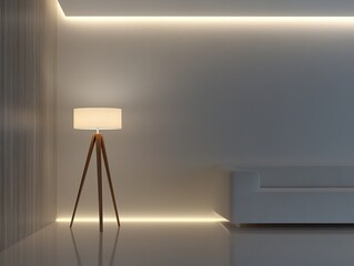 Minimalist Living Room Interior with Tripod Floor Lamp and Ambient Lighting Modern Design
