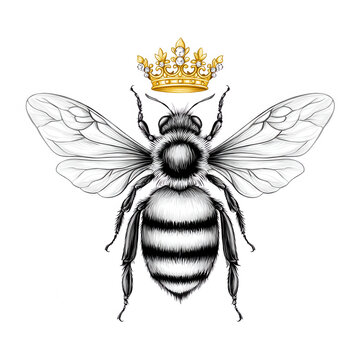A majestic bee with a golden crown stands out on a clean white background.