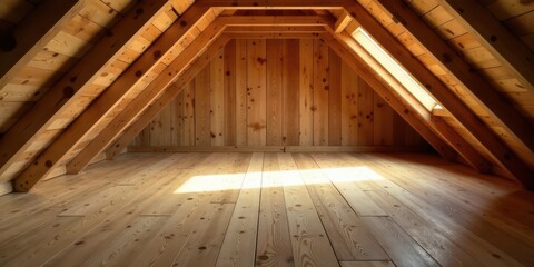 Sunlit Wooden Attic Interior with Exposed Beams and Hardwood Floor