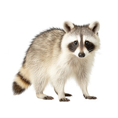 A cute raccoon with black mask is standing on a white background looking ahead.