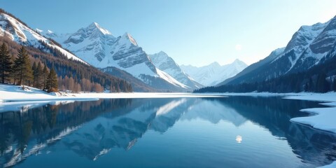 Obraz premium Serene Winter Landscape A Picturesque View of a Tranquil Lake Mirroring Snow-Capped Mountains and Evergreen Forests Under a Clear Sky