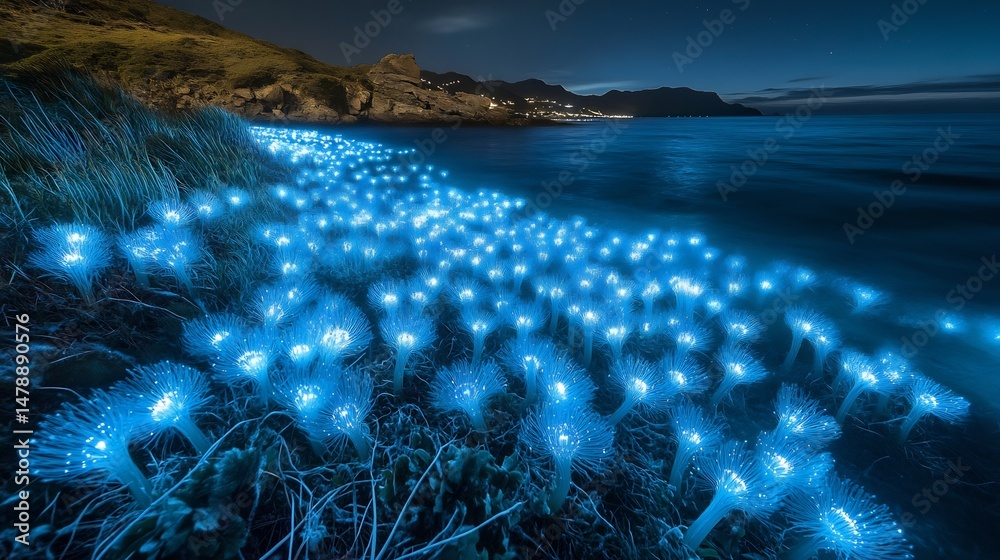 Poster Bioluminescent aquatic plants glowing the deep ocean creating light patterns along the sea floor in a dark marine landscape