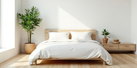 Serene Minimalist Bedroom with Natural Light and Plants on a Wooden Floor