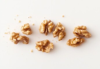 Obraz premium Shelled Walnuts Scattered on White Surface