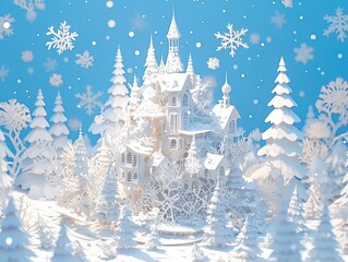 Snowy white castle nestled in winter forest