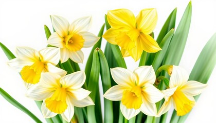 Obraz premium Six delicate white and yellow daffodils with vibrant green leaves, painted in watercolor, illustration art, painting