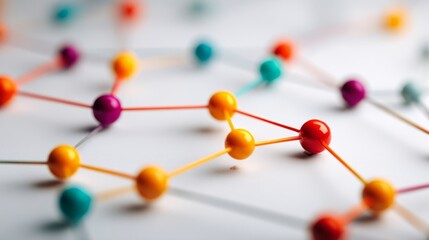 Obraz premium Abstract geometric network of colorful nodes and links, symbolizing innovation and connectivity in business. 
