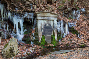 Wissahickon,Pennsylvania,USA - December 14 2022: Drinking Fountain board at Wissahickon Trails Pennsylvania in winter