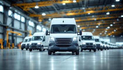warehouse scene with white delivery vans, clean lines, diffused lighting, and efficiency.