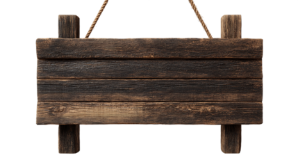 Rustic Dark Brown Wooden Hanging Signboard on Transparent Background, PNG