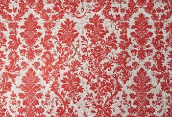 Intricate red damask design on a crisp white vintage wallpaper , geometric, home decor