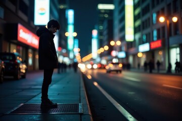 Fototapeta premium A Young Person Stands Alone on a City Sidewalk at Night, Lost in Thought Amidst the Glimmering Lights of Urban Streets