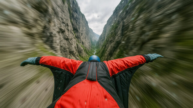 Aerial view of wingsuit flyer in red gliding through mountainous canyon