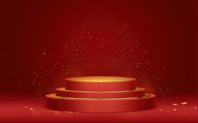 Red podium with gold confetti effect display.