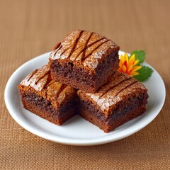 Three Dark Brown Chocolate Brownies on White Plate