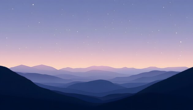 Peaceful mountain range at twilight under a starlit sky.