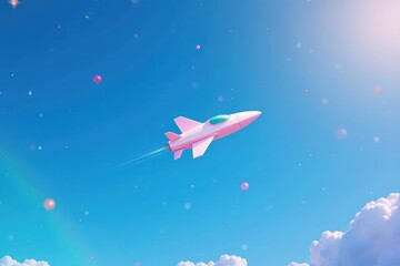 Pink Rocket Ship Soaring Through a Dreamlike Sky with Pastel Clouds and Sparkling Particles