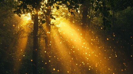 The golden light of the rising sun breaking through the rain illuminates the forest. background wallpaper AI generated image