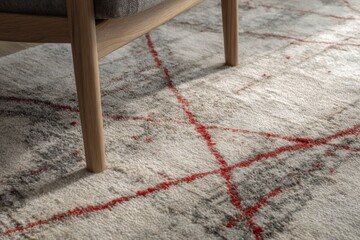 Close-up view of a light beige area rug with red and gray patterns.