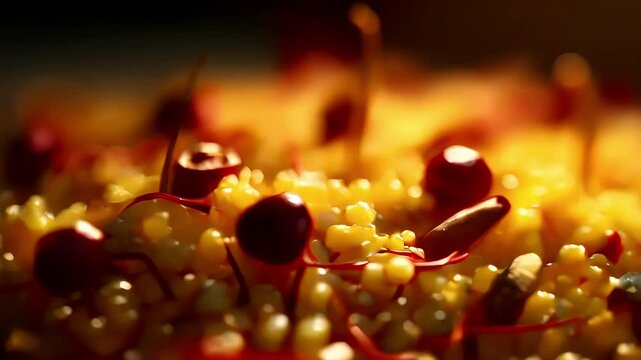 Steamed rice topped with red beans and cherry tomatoes served in warm rustic dish, captured in close lighting with soft details