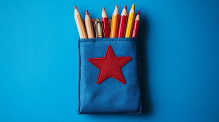 Colorful pencil case with red star design on vibrant blue background, back to school stationery concept for students and classrooms
