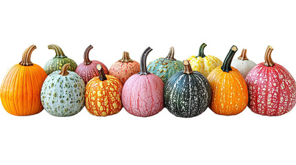 Collection of pumpkins in various natural bright colors for Thanksgiving and Halloween decoration, isolated on transparent background. PNG