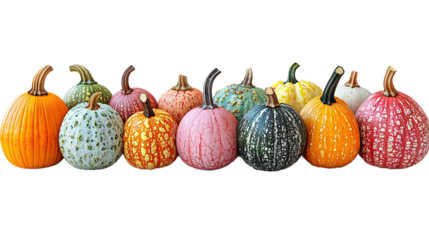 Collection of pumpkins in various natural bright colors for Thanksgiving and Halloween decoration, isolated on transparent background. PNG