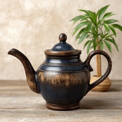 Dark Blue Speckled Teapot on Rustic Wooden Table