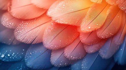 Fototapeta premium Colorful bird feathers with water drops macro shot
