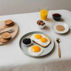 Breakfast, bread and egg, pancake and fruit, delicious