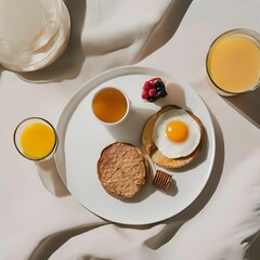 Breakfast, bread and egg, pancake and fruit, delicious