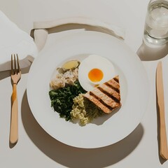 Breakfast, bread and egg, pancake and fruit, delicious