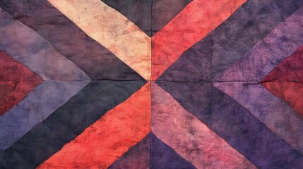 Close-up view of a colorful textile showcasing a striking geometrical design in red, purple, and blue colors with bold lines