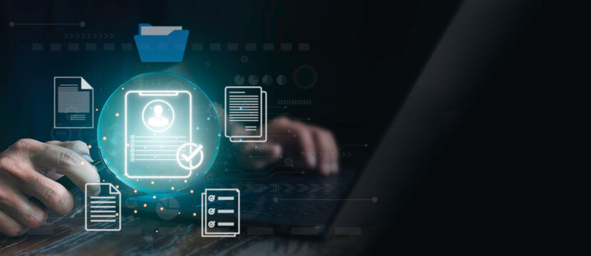 Man using laptop holding magnifying glass checking audit system, approve online document database, manage file process. Document management service concept.