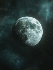 Full Moon shining in dark space with stars and nebula; astronomy photography of lunar surface and craters in outer space
