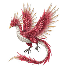 Obraz premium A digitally painted crimson phoenix soars on a white studio background.