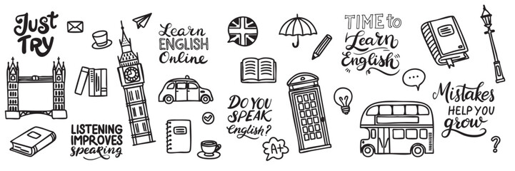 Collection of Elements about English Culture in Doodle Style. Hand Drawn Vector Art.