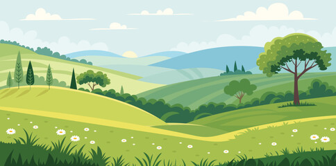 View of Summer Landscape, Hills and Green Meadows. Hand Drawn Vector Art.