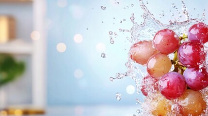 Juicy grapes create a splash while being washed, showcasing their vibrant colors and freshness against a soft, blurred background