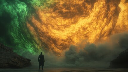 Fototapeta premium Vibrant colors light up the sky as a viewer stands on the shore, mesmerized by the stunning beauty of nature's display during sunset