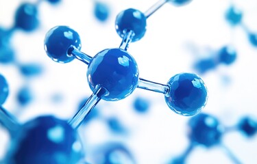 Detailed molecular structure.  Close-up of interconnected,  3D blue atoms