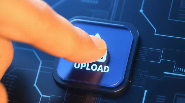 Close-up of a glowing blue upload button with upward arrow icon on a digital circuit board background. A human finger taps the button, triggering animation. Ideal for tech UI, data transfer