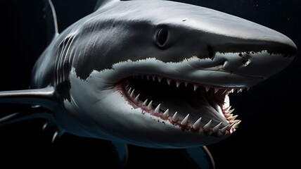 A close-up shot of a great white shark displaying menacing teeth in the dark ocean.