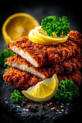 Wiener Schnitzel with Lemon Slice: A thin, breaded veal cutlet fried to golden perfection, garnished with lemon and parsley. served on slate surface.