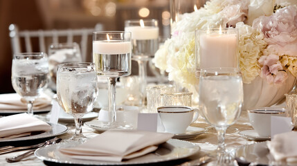 Elegant wedding table with floral centerpiece and fine china, radiating timeless romance and sophistication