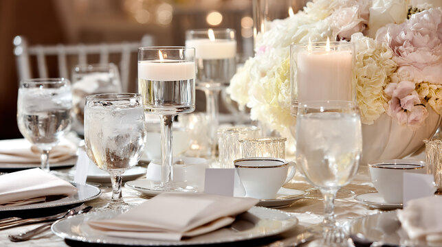 Elegant wedding table with floral centerpiece and fine china, radiating timeless romance and sophistication