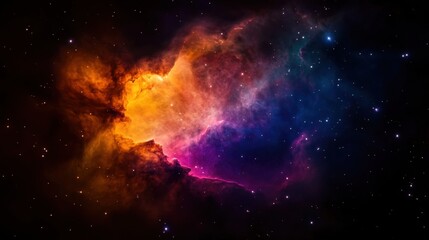 A vast nebula showcases a mesmerizing blend of orange, purple, and blue colors against the backdrop of countless stars in the universe