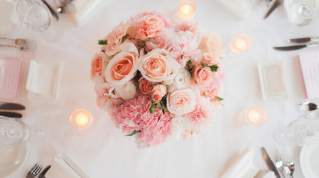 Elegant wedding table with floral centerpiece and fine china, radiating timeless romance and sophistication