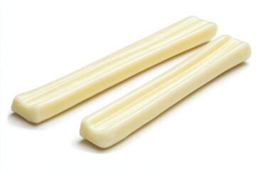Two String Cheese Sticks Laying Side by Side on White Background Food Photography Close Up Studio Shot Dairy Product Snack