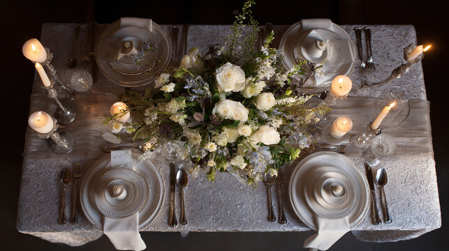 Elegant wedding table with floral centerpiece and fine china, radiating timeless romance and sophistication